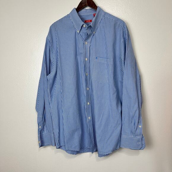 IZOD Gingham Shirt XL Mens Button Up Long Sleeves 100% Cotton Blue Check FLAW - Picture 1 of 12